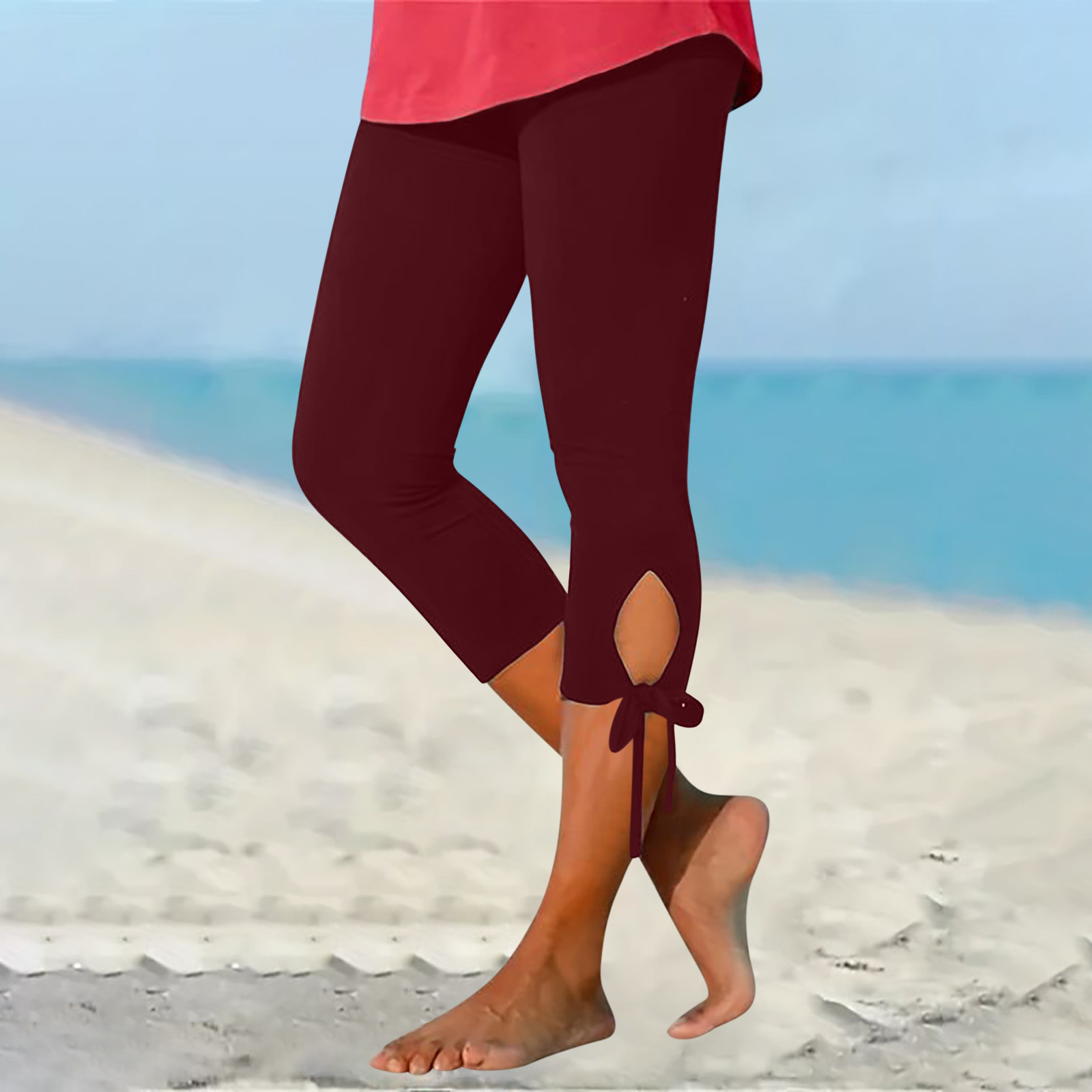 thumbnail image 2 of Leggings cortos de cintura alta con aberturas para mujer - Tejido elástico, pantalones informales para hacer ejercicio y para la playa, 2 of 6
